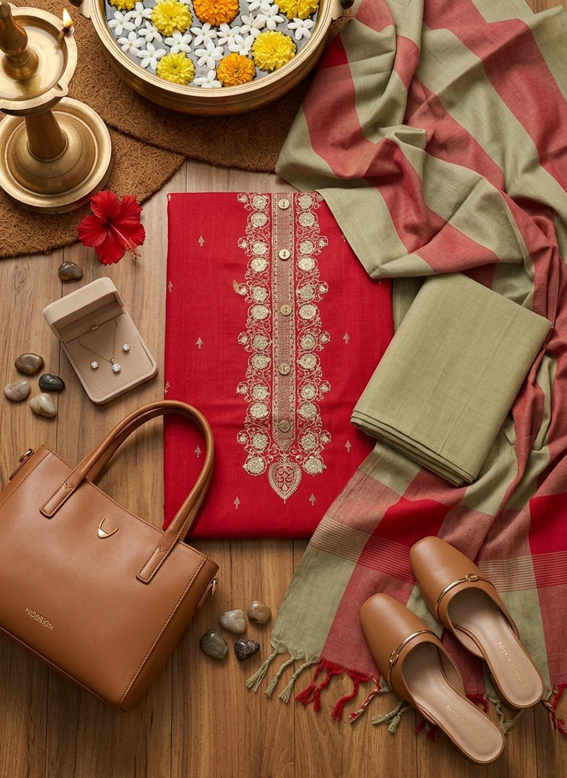 Handloom Red Salwar Suit Dress Material