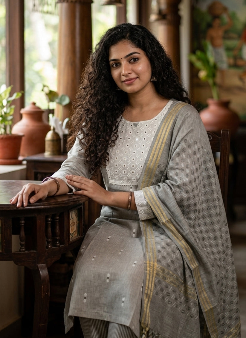 Handloom Grey kurti pant Dupatta sets