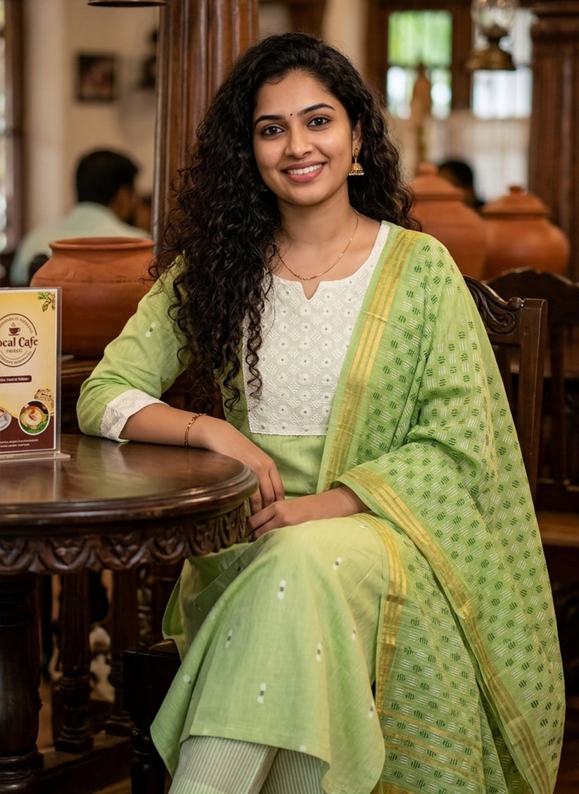 Handloom Green kurti pant Dupatta sets