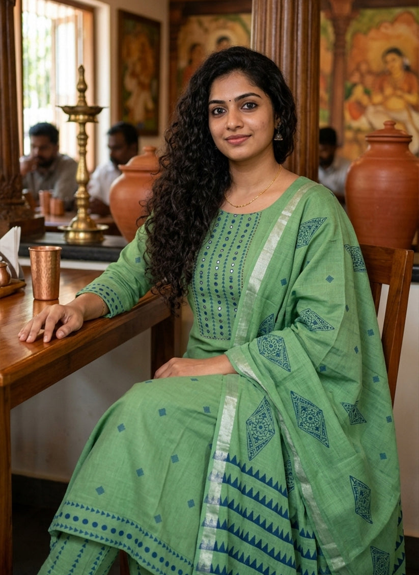 Handloom Green kurti pant Dupatta sets