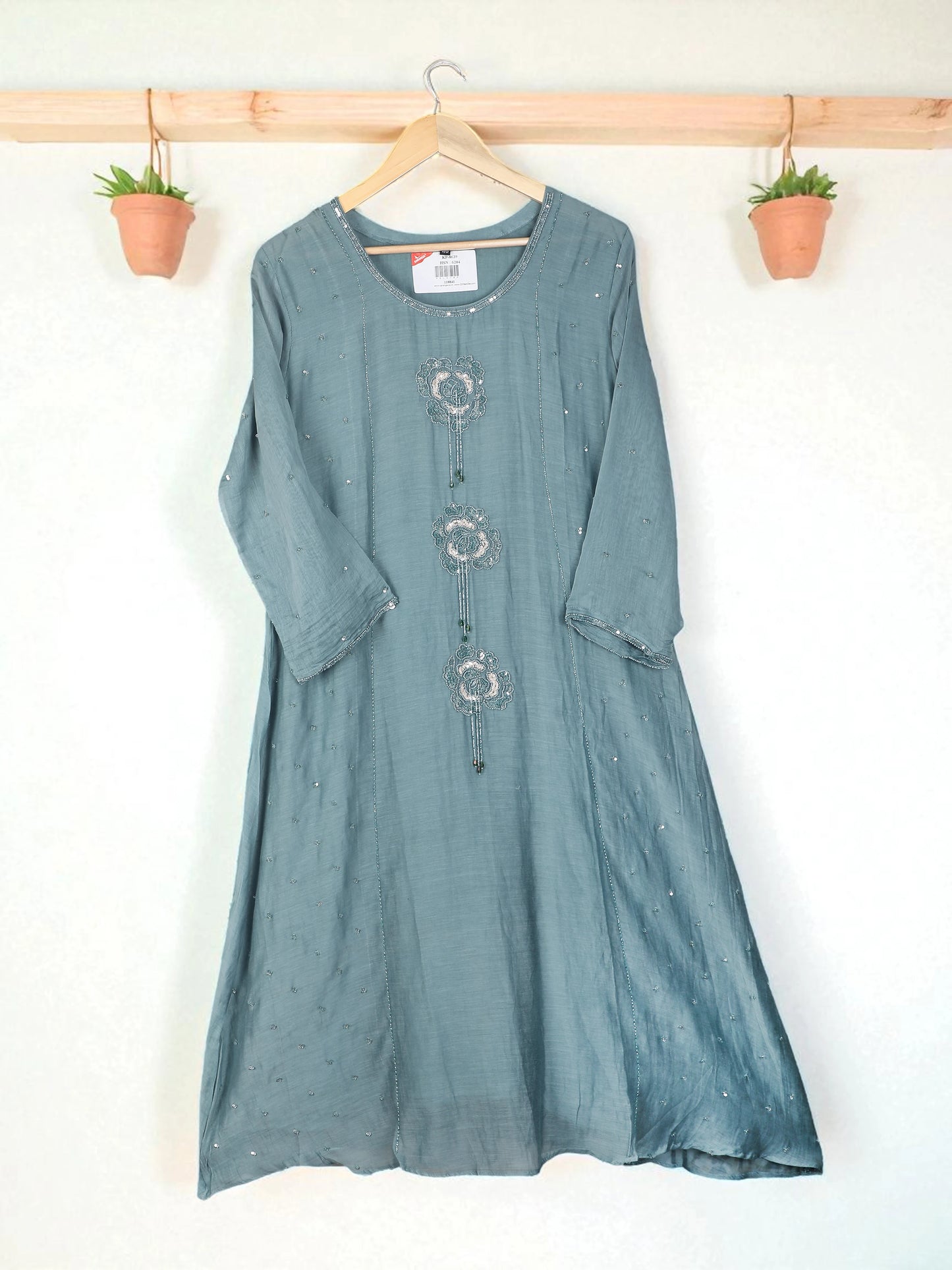 Sage Green - Sequin & Floral Applique Embroidery - Salwar Suit