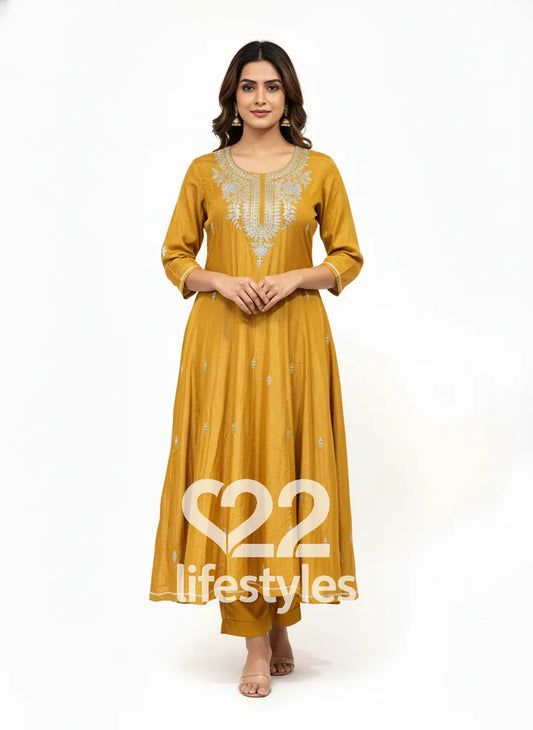 Mustard Yellow White Thread Embroidery Anarkali Suit