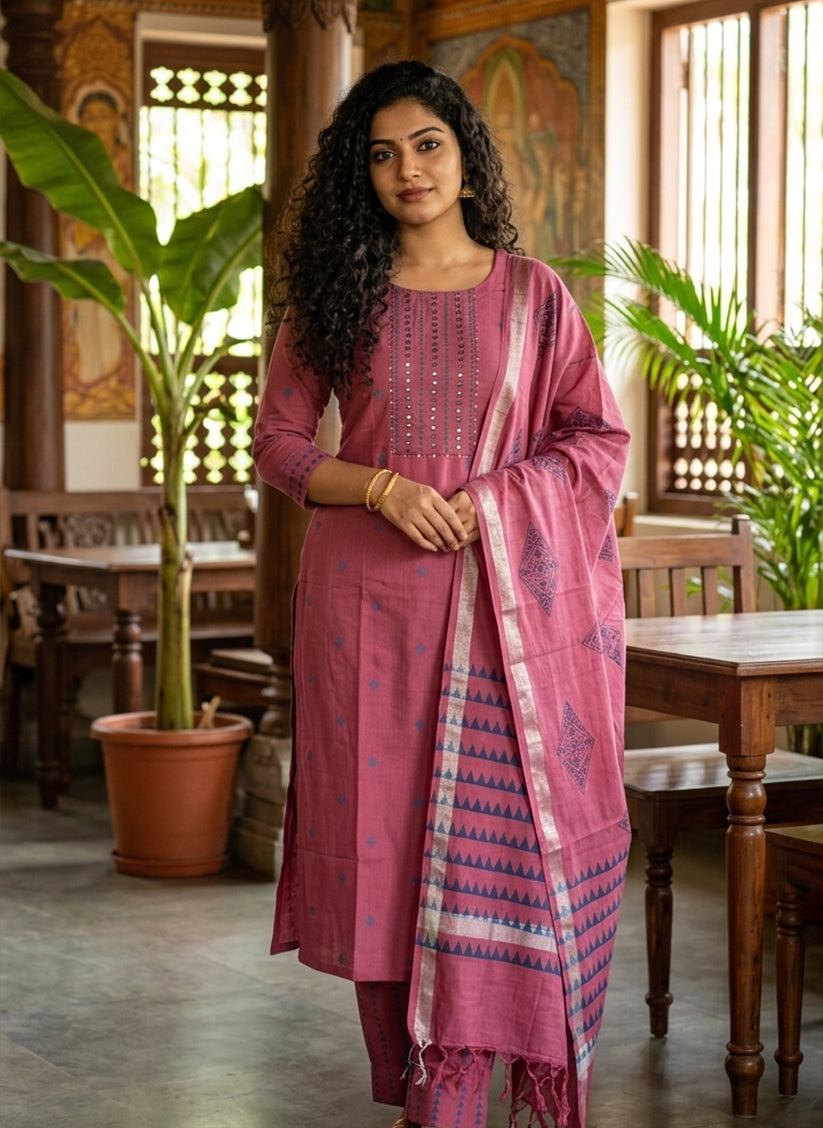 Handloom Pink kurti pant Dupatta sets