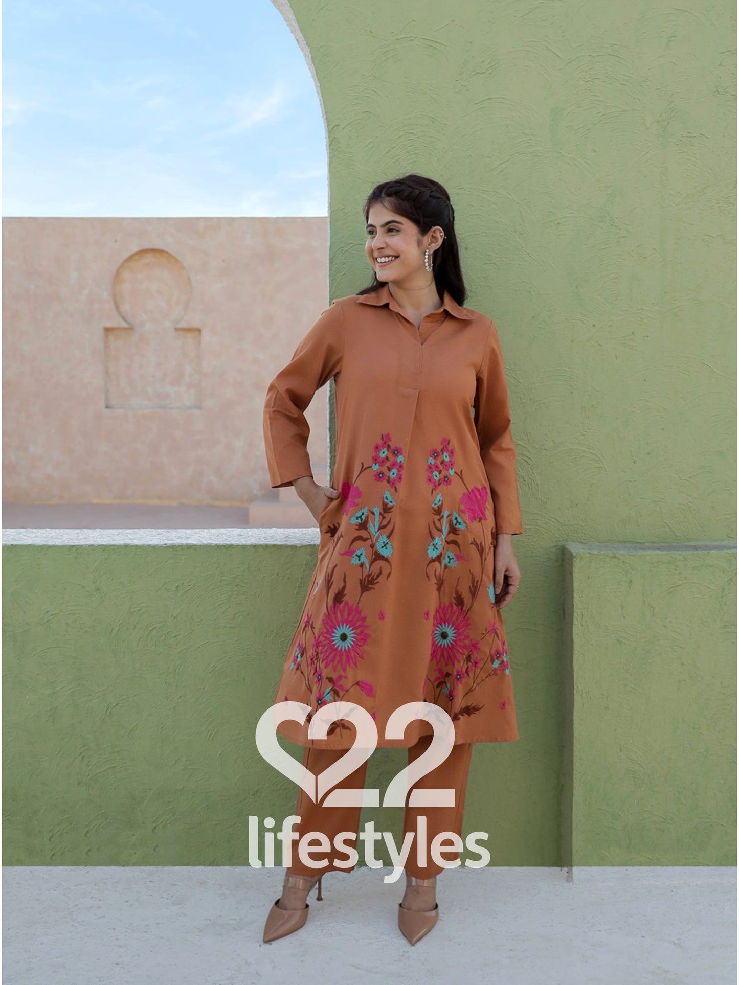 Rust Embroidery Co-ord-Set Readymade
