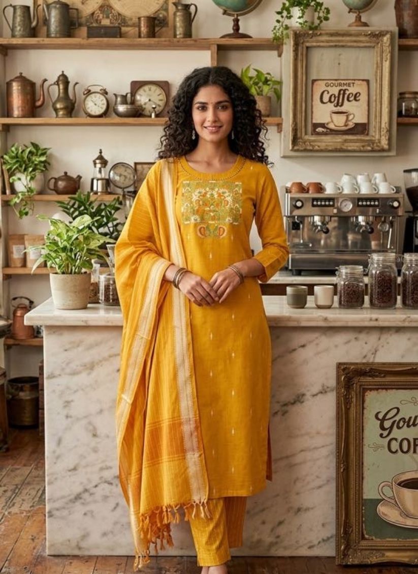 Handloom Golden Yellow Kurti Pant Dupatta set