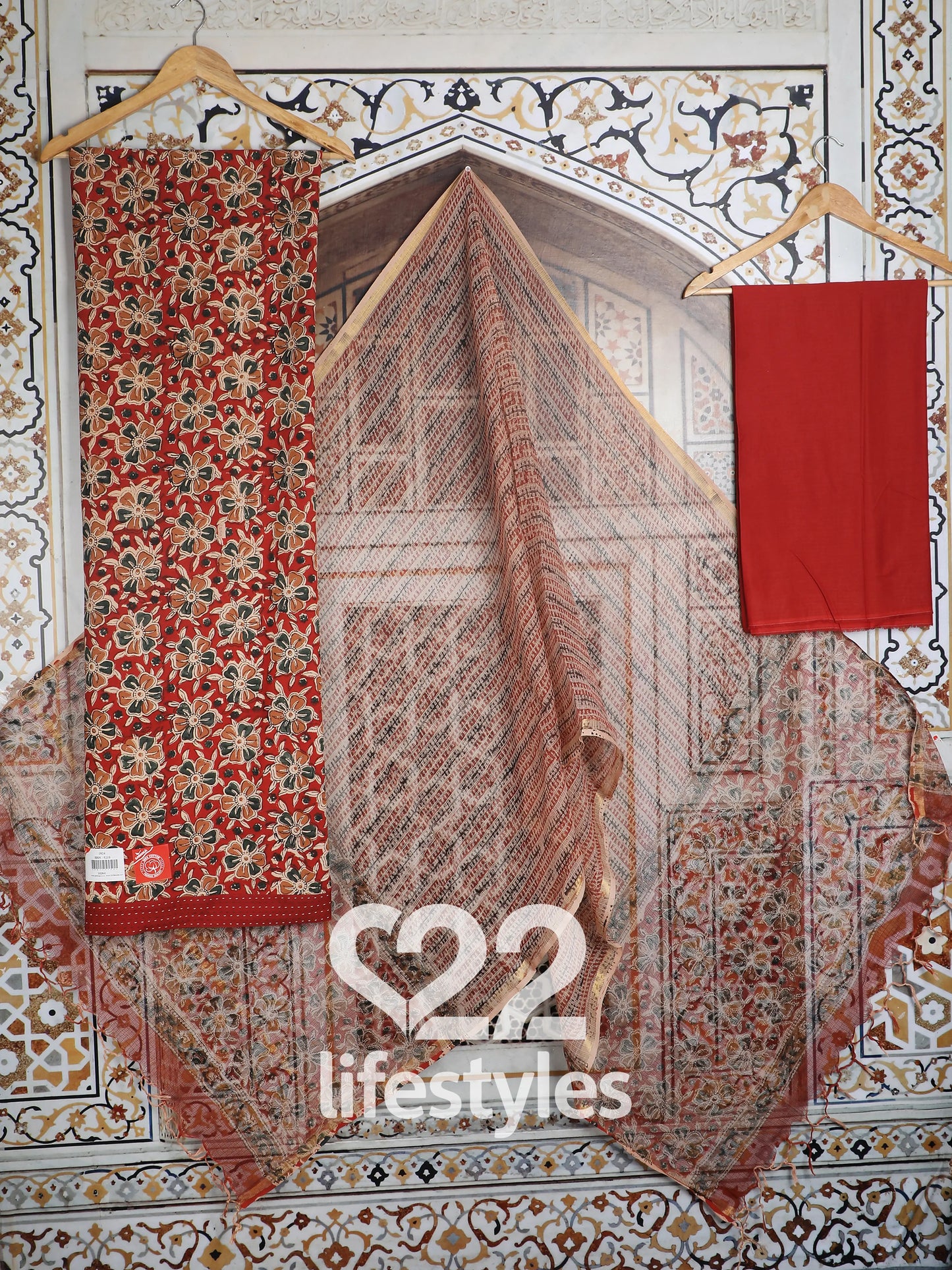 Red Cotton Kalamkari Doria Unstitched Salwar Suit