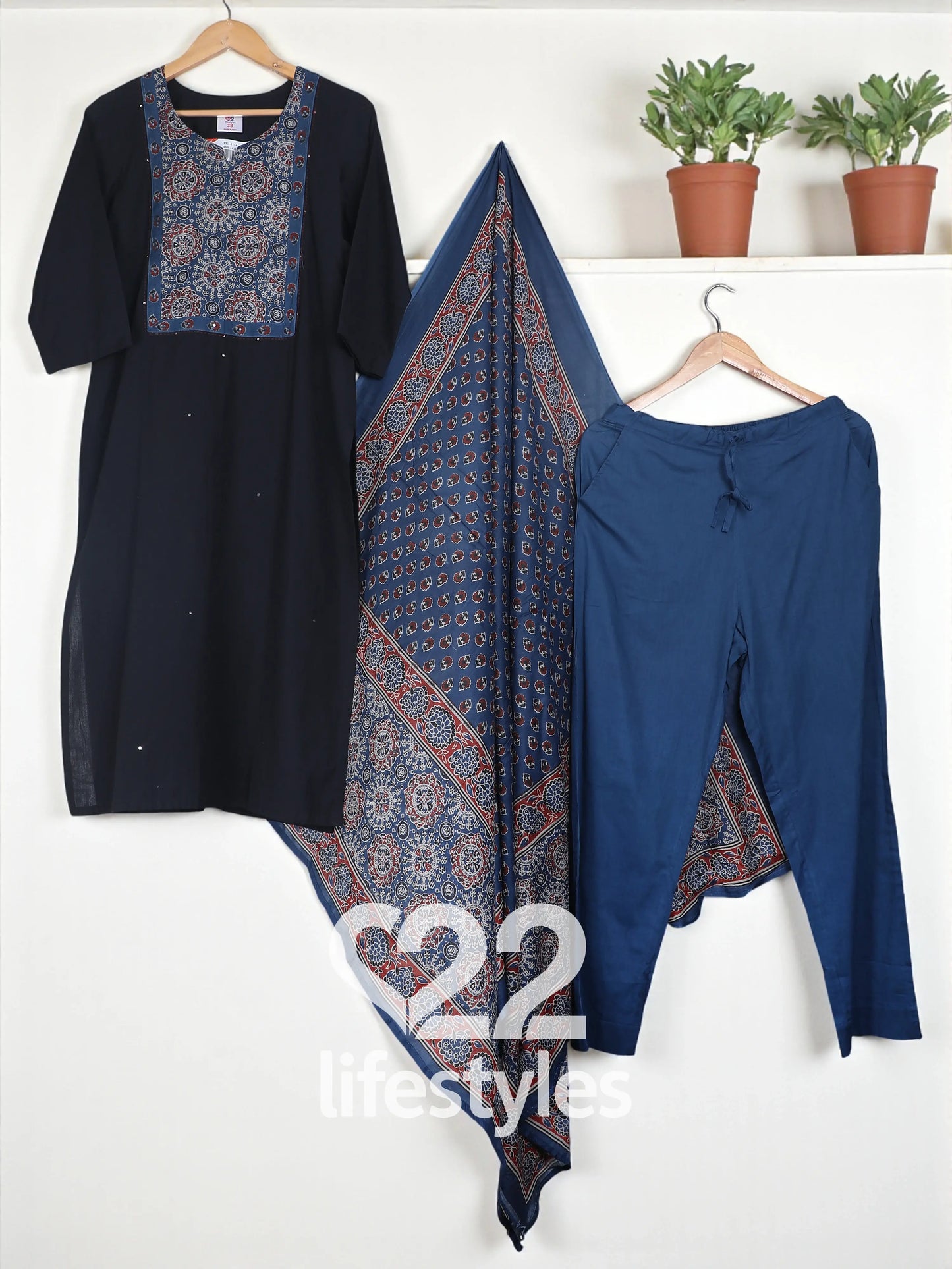Blue Handloom Ajrakh Print Readymade Salwar Suit