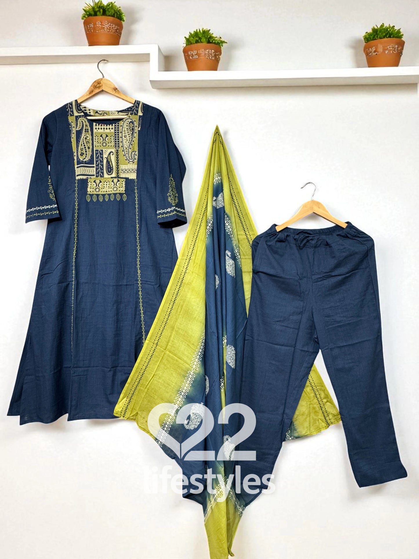 Navy Blue Threadwork Yoke Readymade Salwar Suit