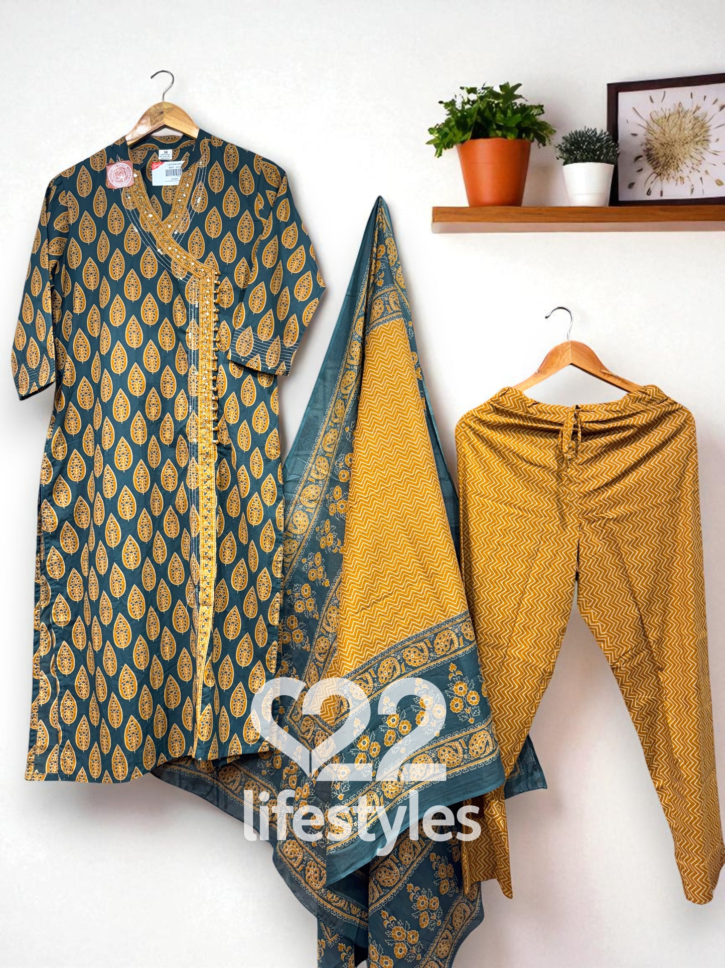 Dark Green & Mustard Angrakha Handblock Readymade Salwar Suit