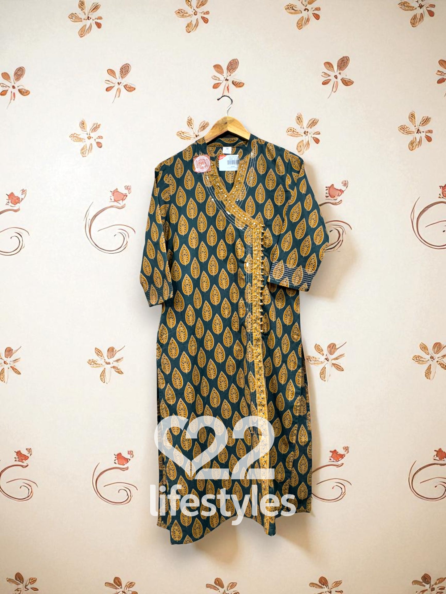 Dark Green & Mustard Angrakha Handblock Readymade Salwar Suit