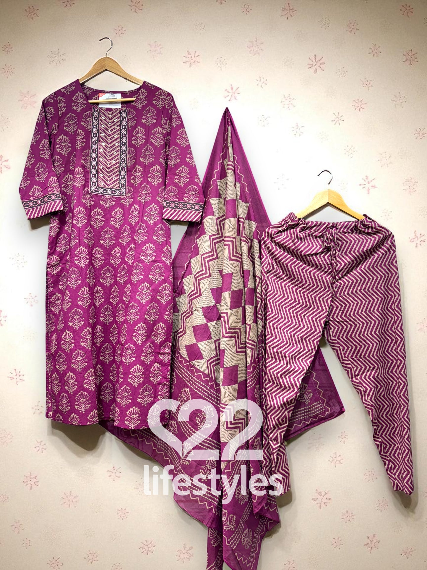 Wine Handblock Readymade Salwar Suit