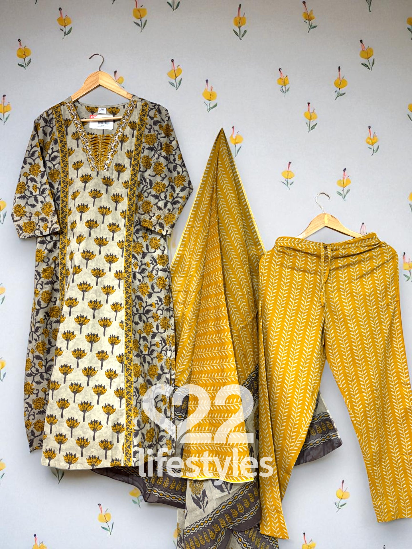 Mustard Ash Grey Handblock Floral Readymade Salwar Suit