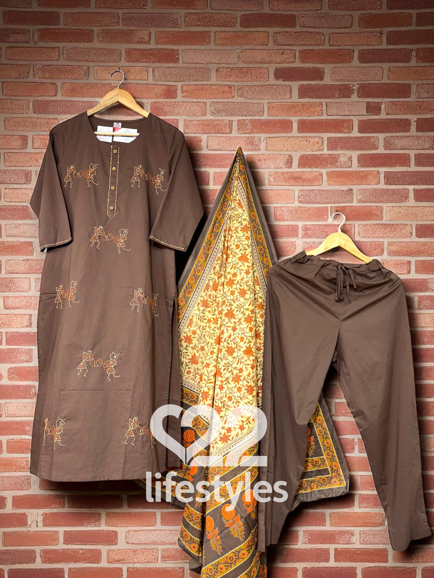 Brown Kantha Work Readymade Salwar Suit
