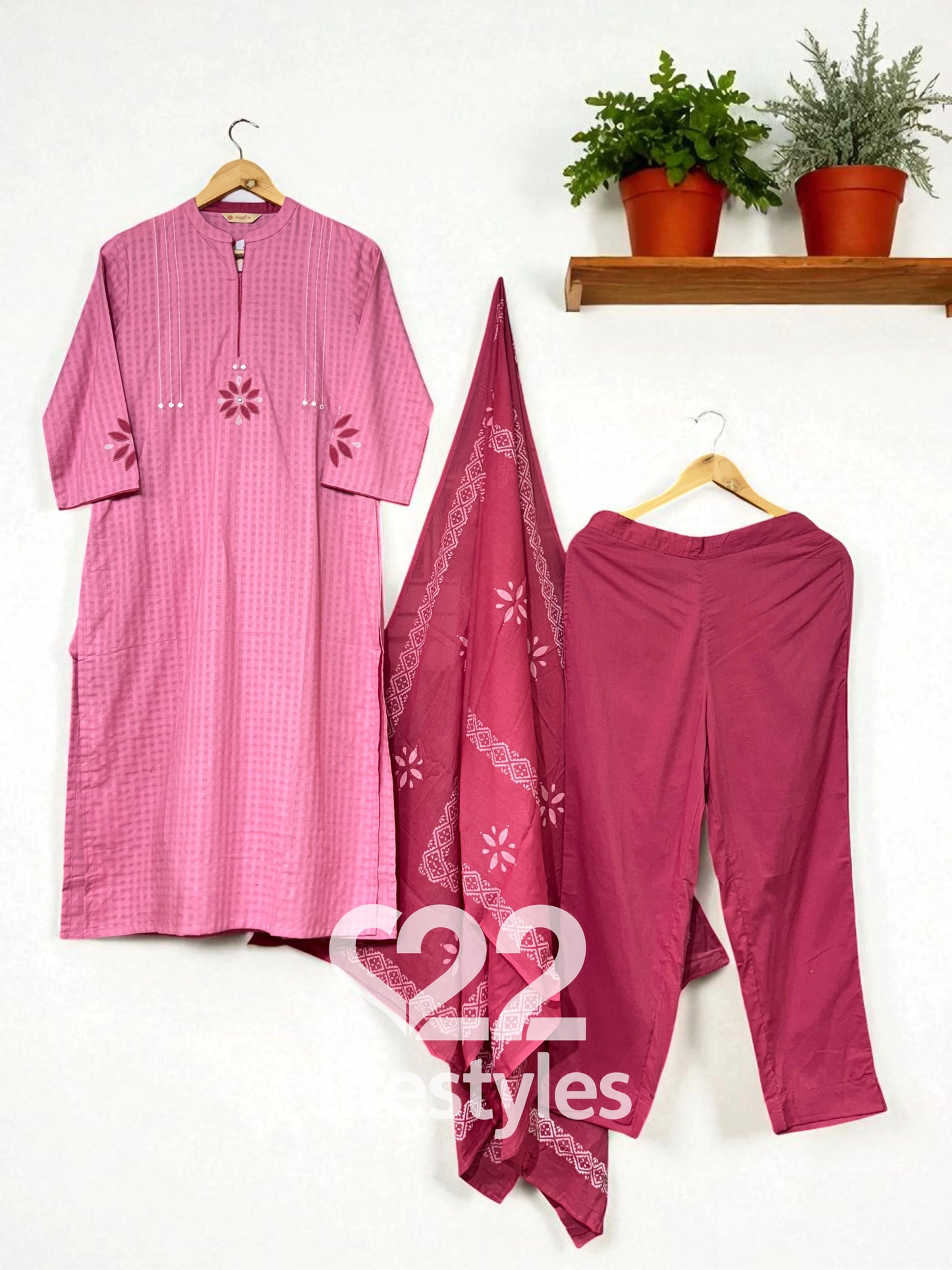 Pink Handloom Applique Readymade Salwar Suit