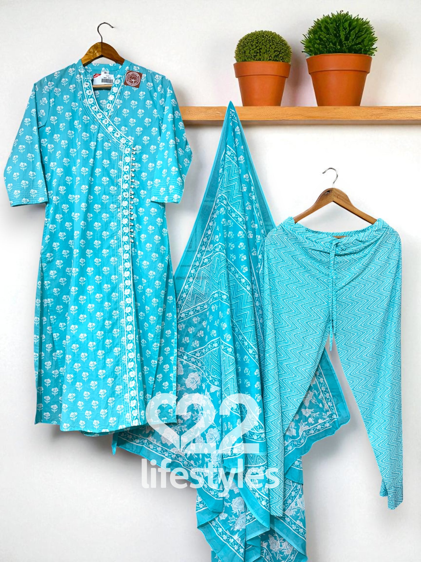 Turquoise Angrakha Handblock Readymade Salwar Suit
