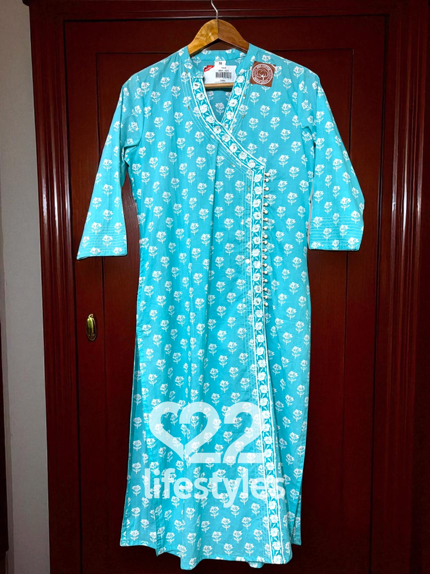 Turquoise Angrakha Handblock Readymade Salwar Suit