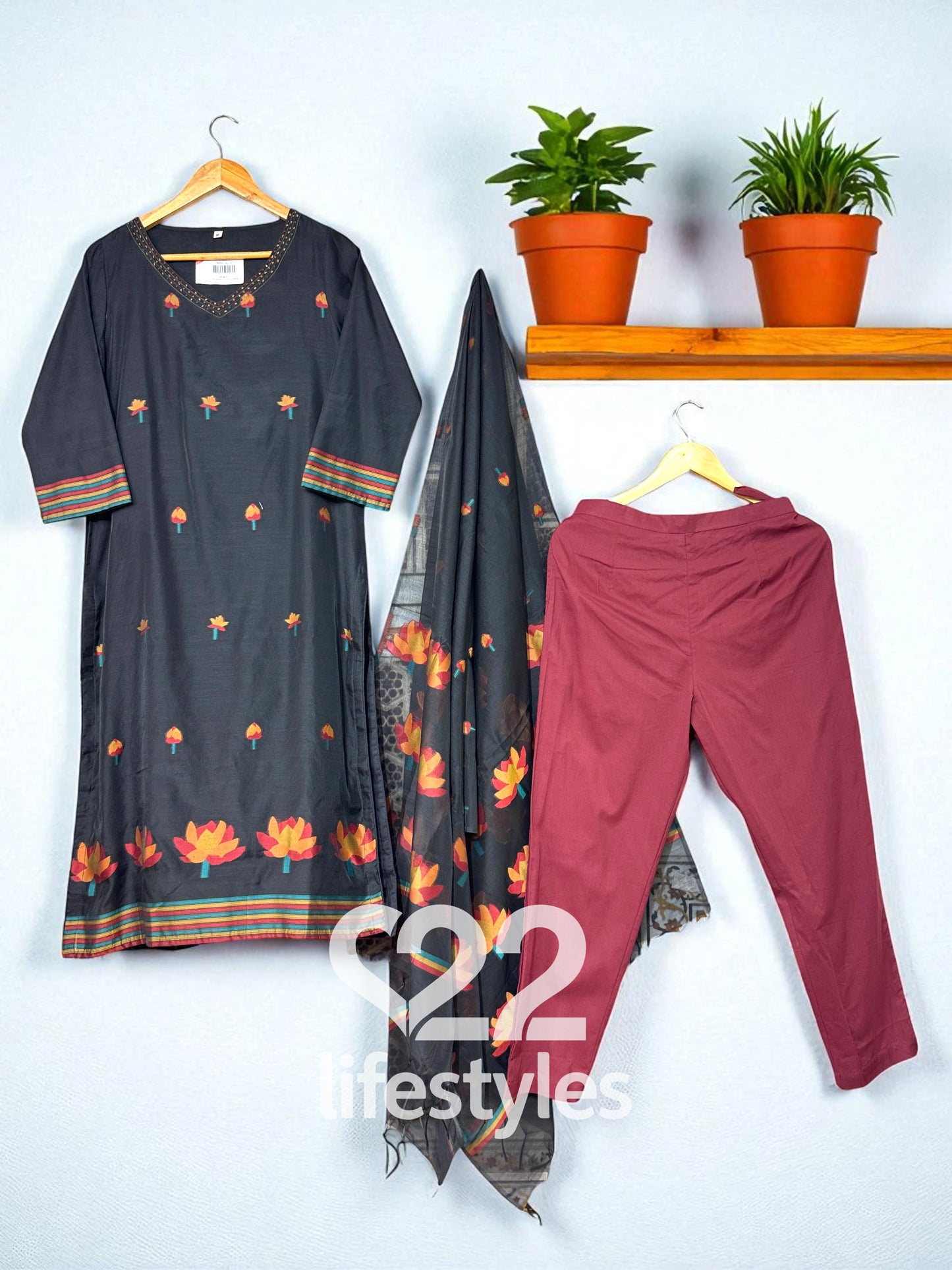 Black Jamdani Mul Chanderi Readymade Salwar Suit