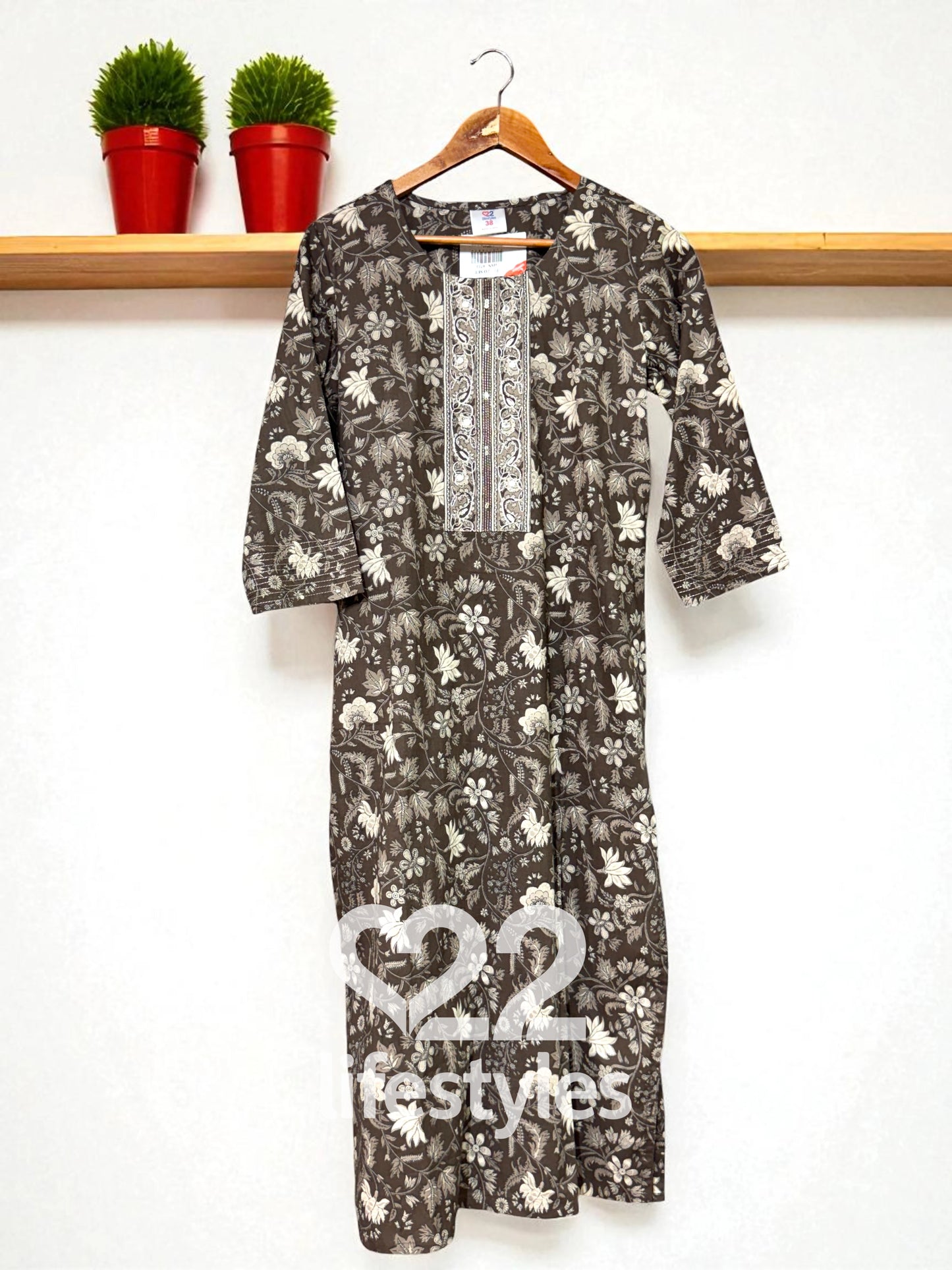 Brown With Off-White Floral and Geometric Block Prints.