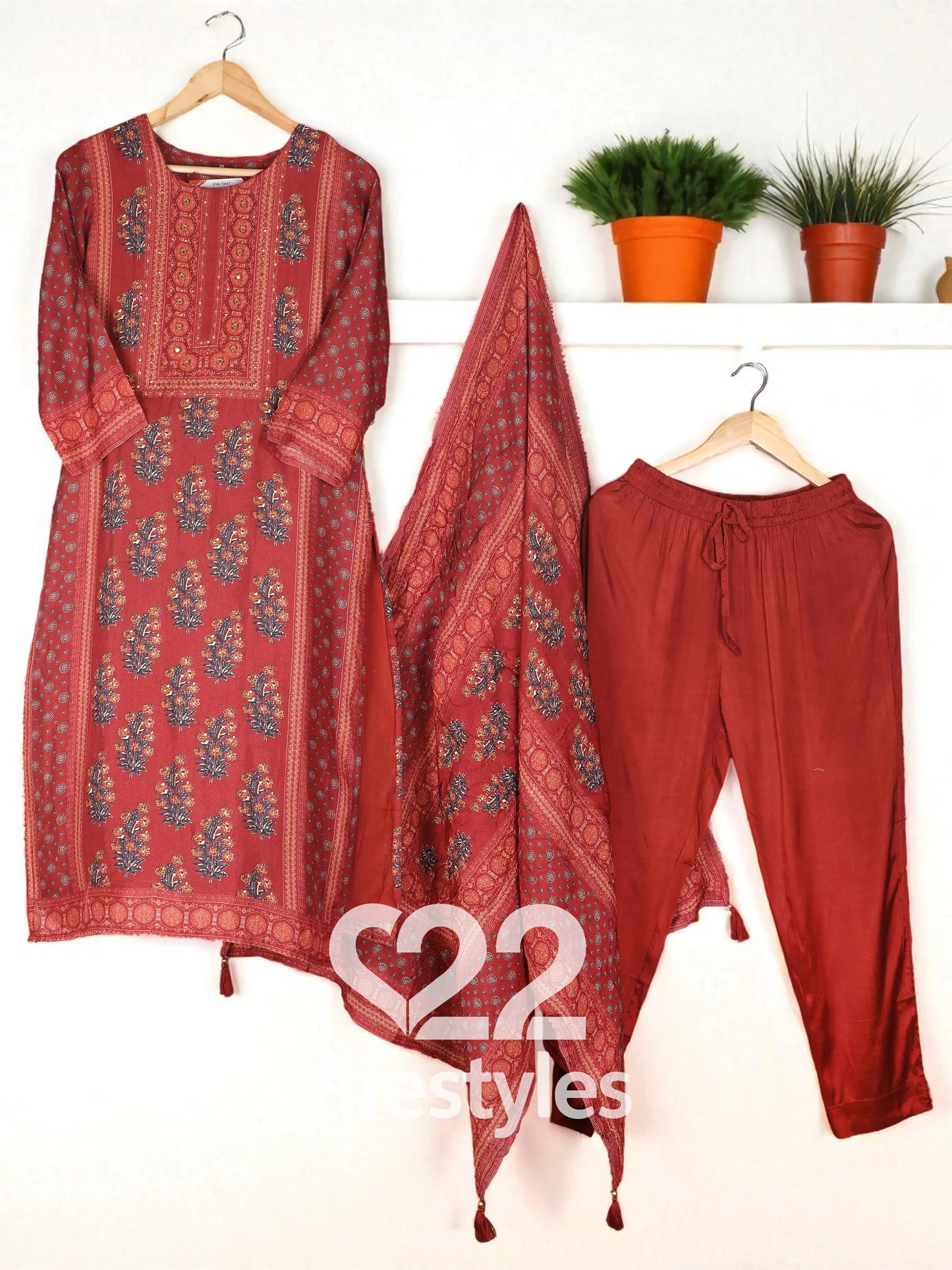 Rust Red Muslin Readymade Salwar Suit Set