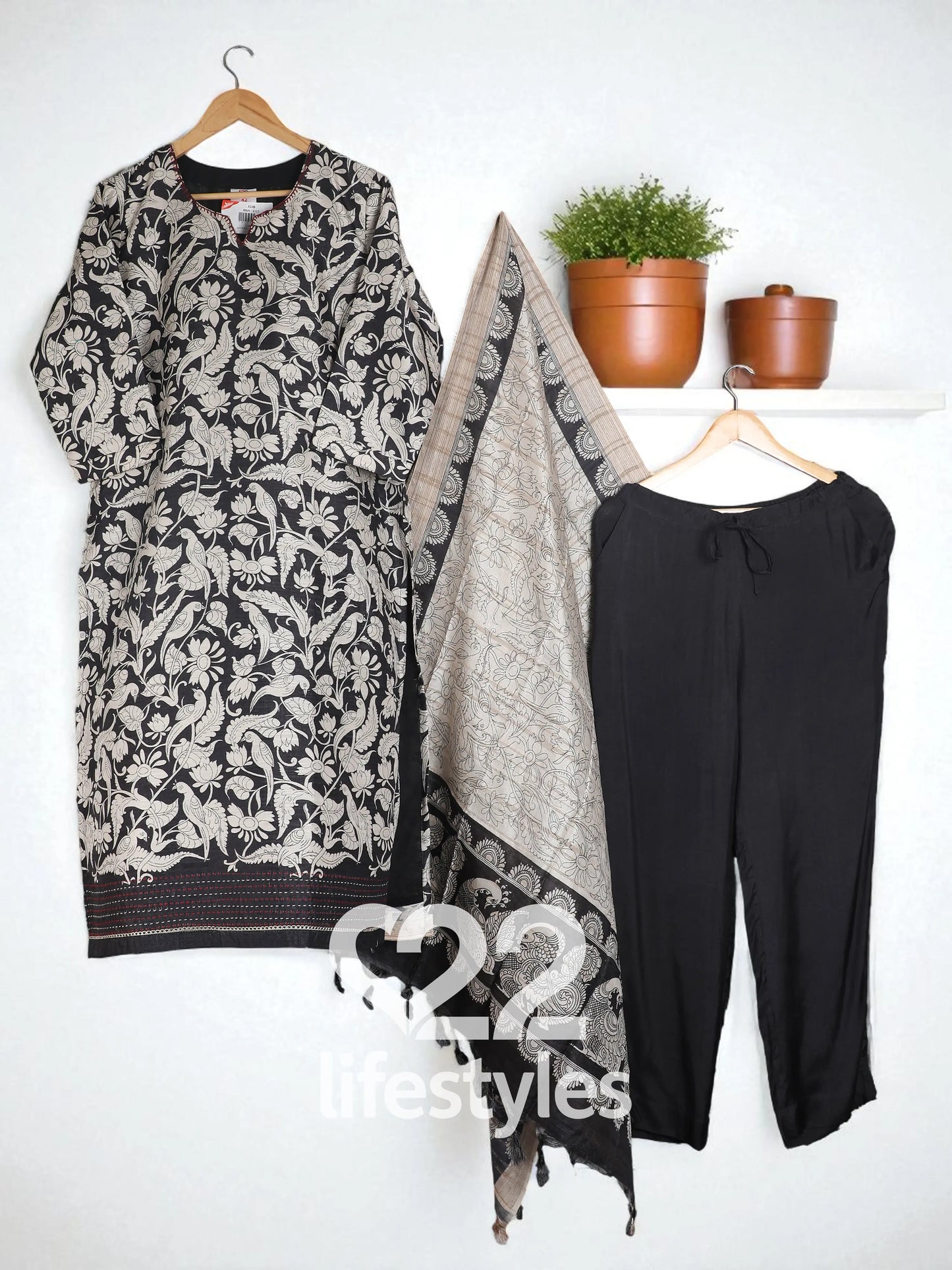 Black & Beige Tussar Readymade Salwar Suit Set