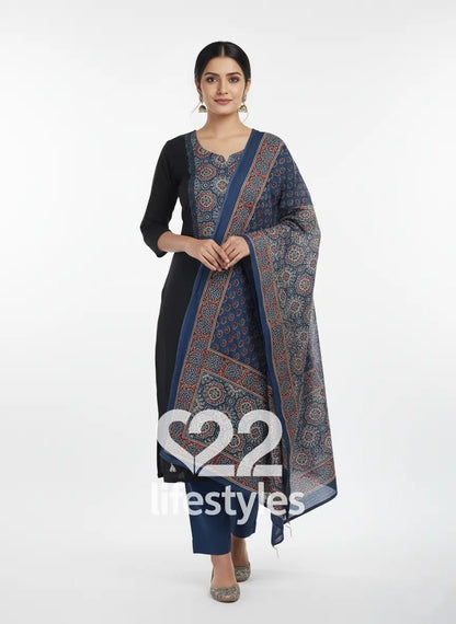 Blue Handloom Ajrakh Print Readymade Salwar Suit