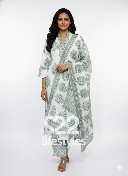 White Mughal Handblock Readymade Salwar Suit