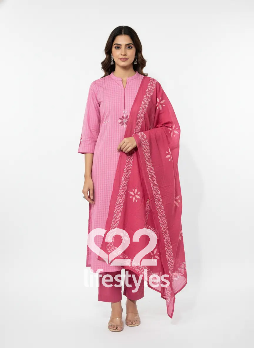 Pink Handloom Applique Readymade Salwar Suit