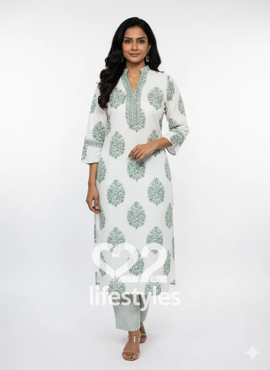 White Mughal Handblock Readymade Salwar Suit