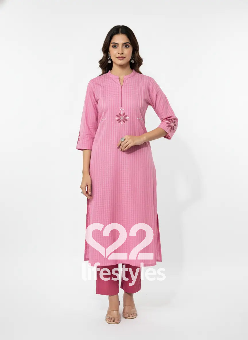 Pink Handloom Applique Readymade Salwar Suit
