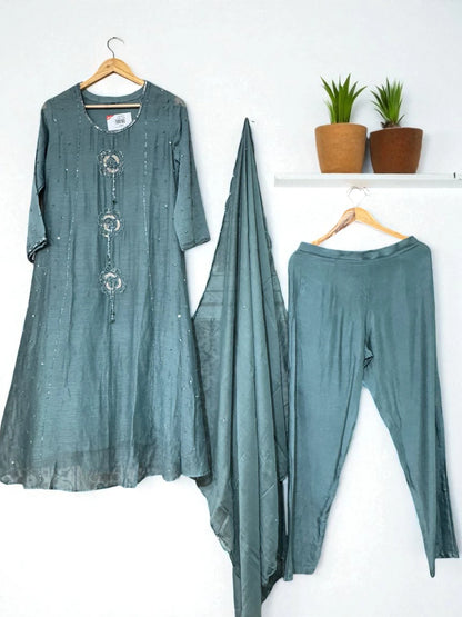 Sage Green - Sequin & Floral Applique Embroidery - Salwar Suit