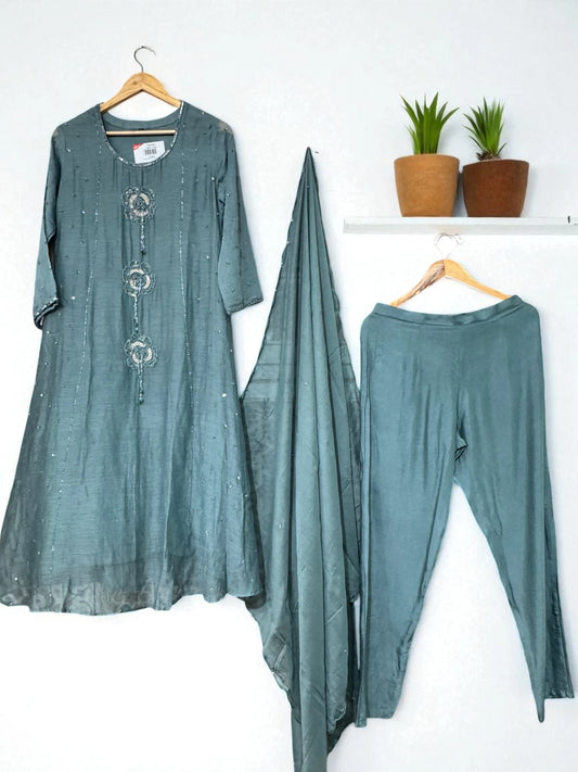 Sage Green - Sequin & Floral Applique Embroidery - Salwar Suit