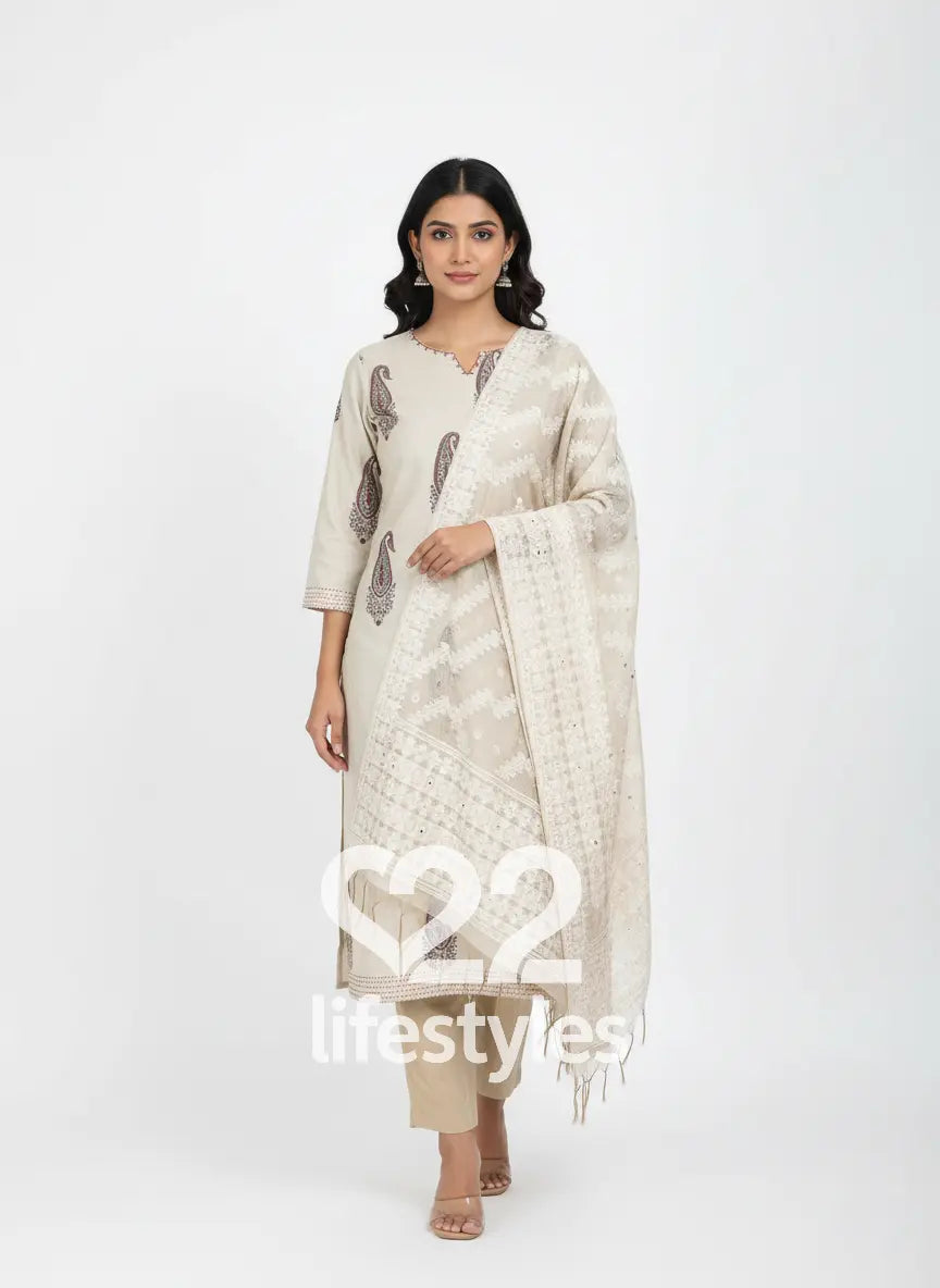 Beige Jamdani and Maheshwari Readymade Salwar Suit