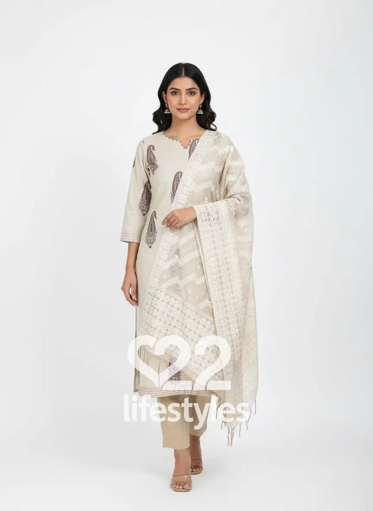 Beige Jamdani and Maheshwari Readymade Salwar Suit