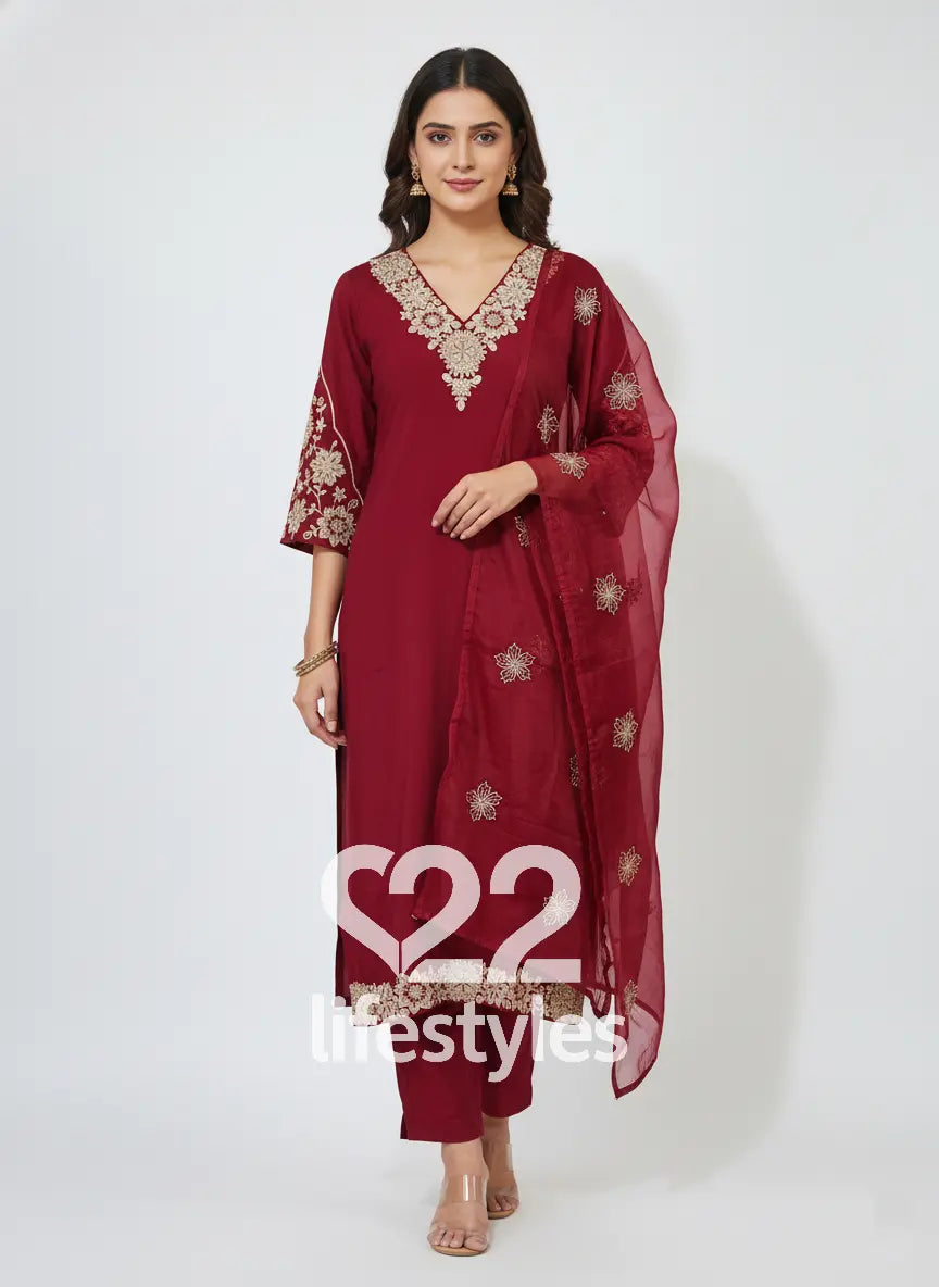 Red Muslin Readymade Salwar Suit