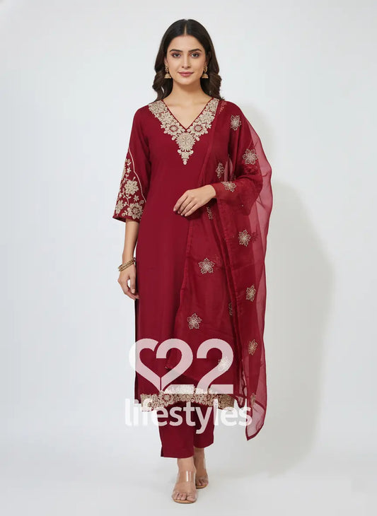 Red Muslin Readymade Salwar Suit