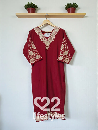 Red Muslin Readymade Salwar Suit