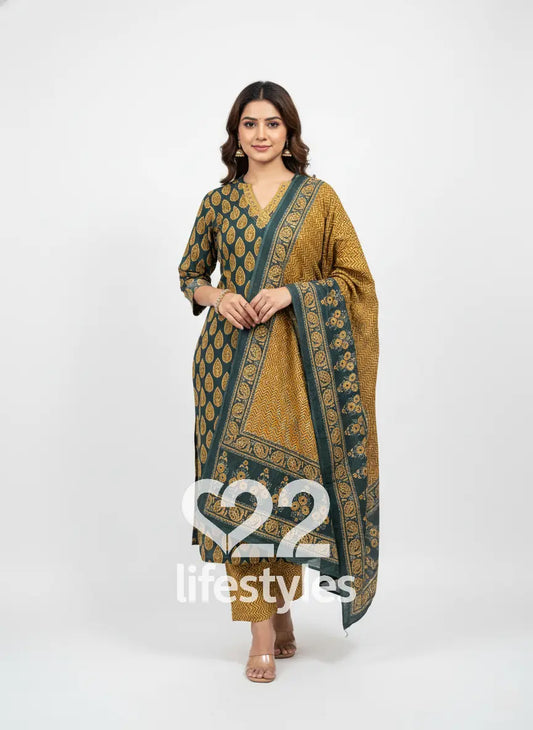 Dark Green & Mustard Angrakha Handblock Readymade Salwar Suit