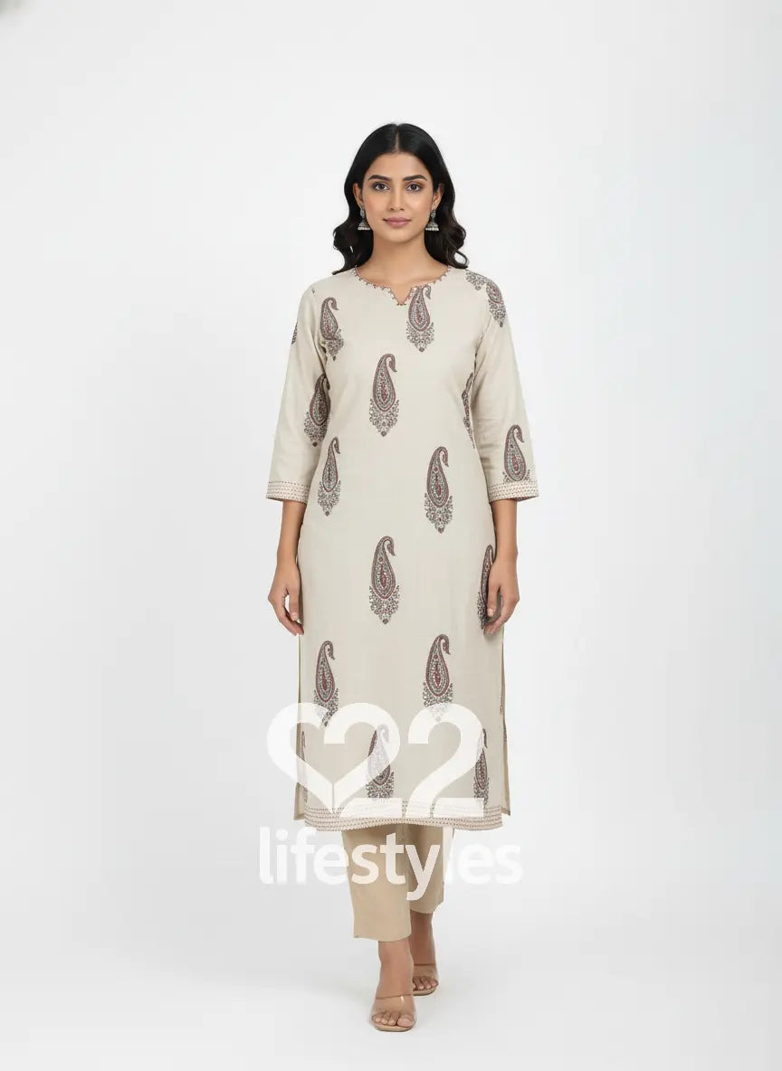 Beige Jamdani and Maheshwari Readymade Salwar Suit