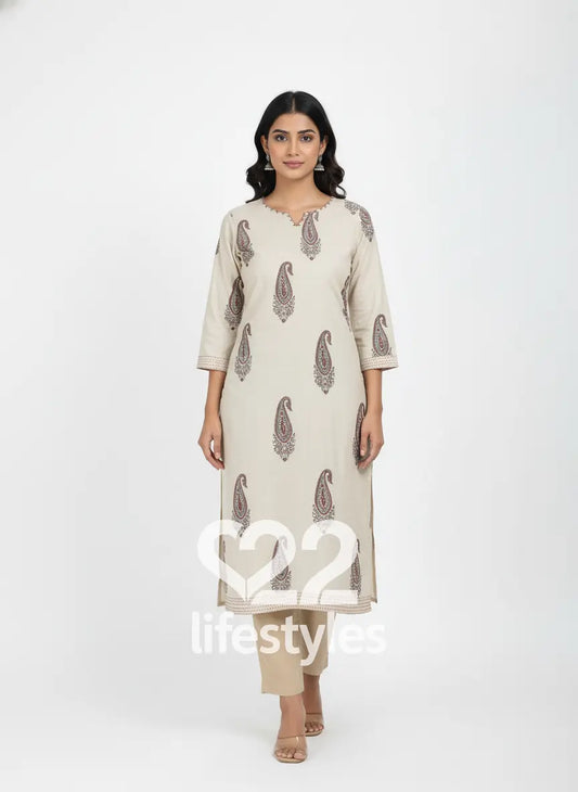 Beige Jamdani and Maheshwari Readymade Salwar Suit