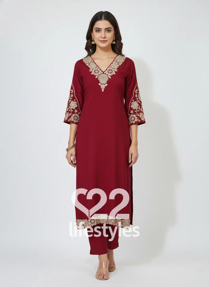 Red Muslin Readymade Salwar Suit