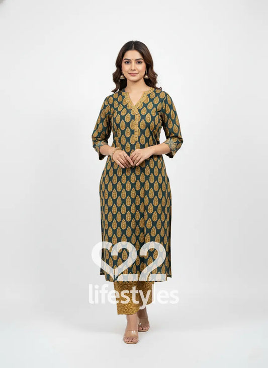 Dark Green & Mustard Angrakha Handblock Readymade Salwar Suit