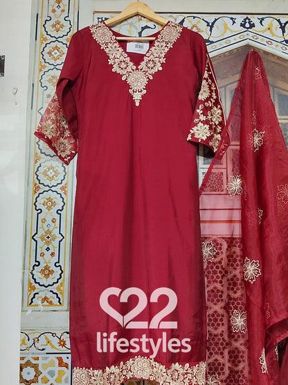 Red Muslin Readymade Salwar Suit