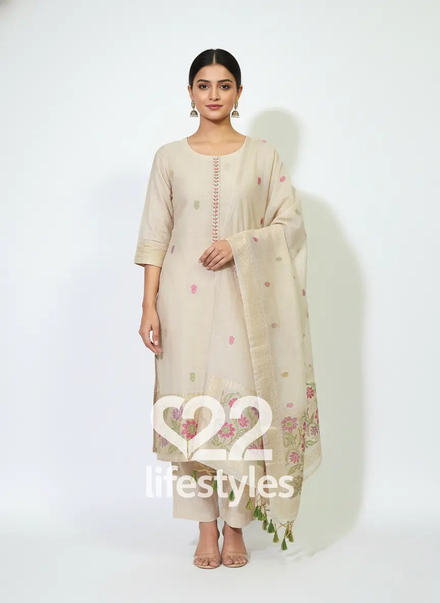 Beige Jamdani Readymade Salwar Suit