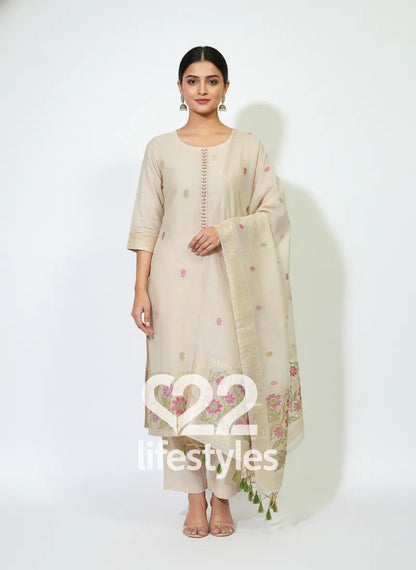 Beige Jamdani Readymade Salwar Suit