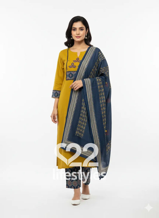 Mustard Ajrakh Cotton Linen Applique Readymade Salwar Suit