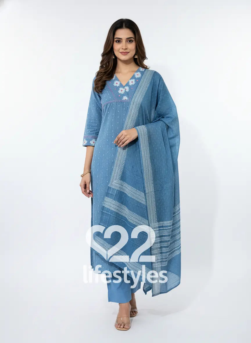 Blue Chambray Dobby Handloom Thread Work Readymade Salwar Suit
