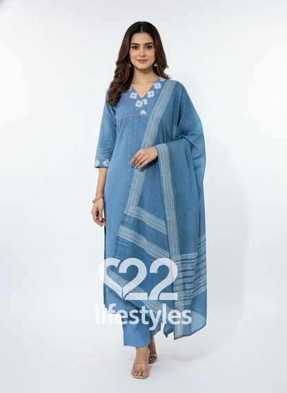 Blue Chambray Dobby Handloom Thread Work Readymade Salwar Suit