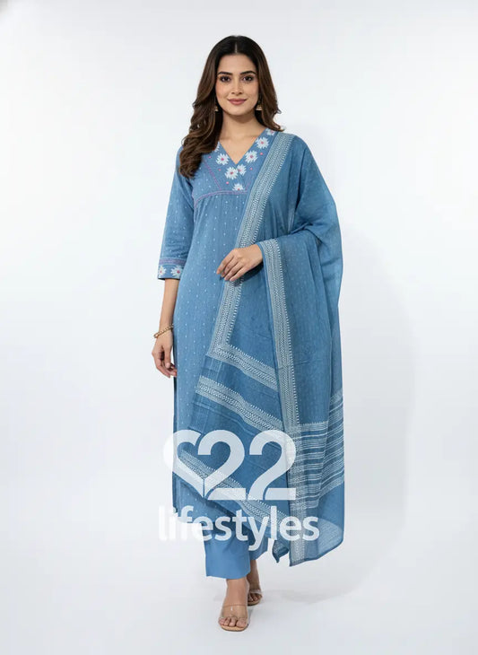 Blue Chambray Dobby Handloom Thread Work Readymade Salwar Suit