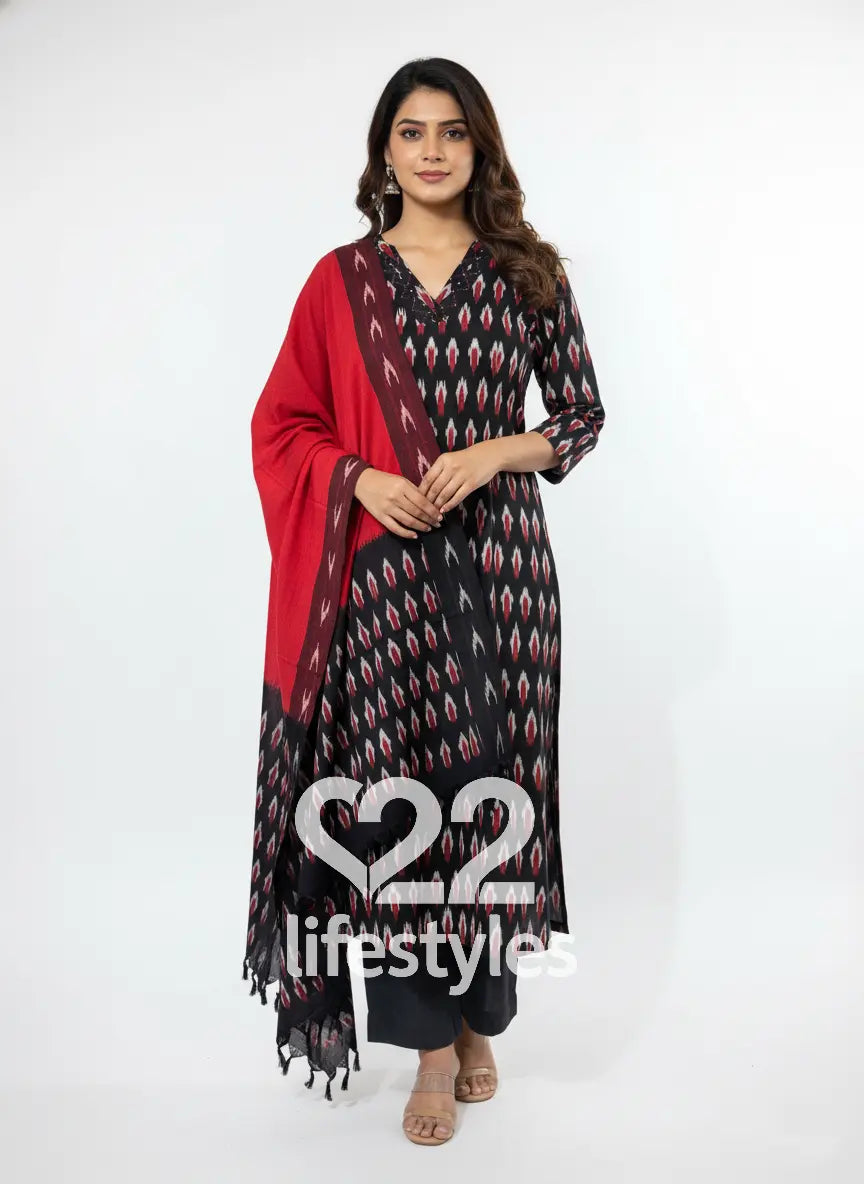 Black Ikkat Weave Readymade Salwar Suit