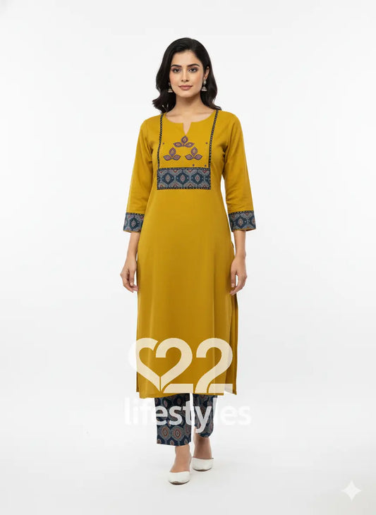 Mustard Ajrakh Cotton Linen Applique Readymade Salwar Suit